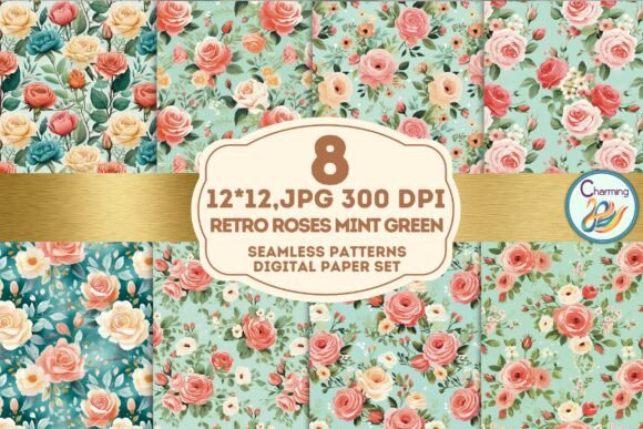 Download Seamless Paper: Retro Roses Mint Green - Retro Collection