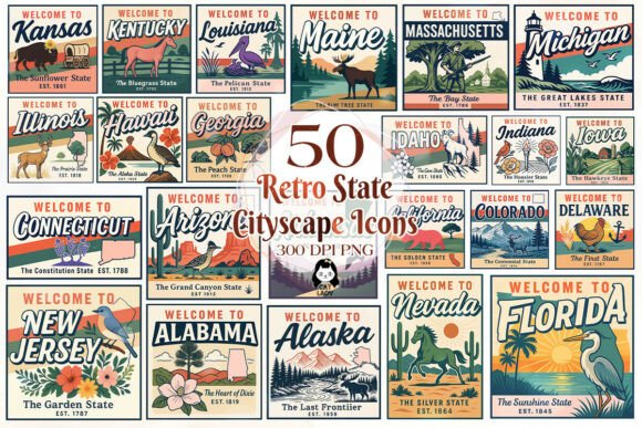 Download 50 Retro US States Cityscape Icons PNG - Retro Collection