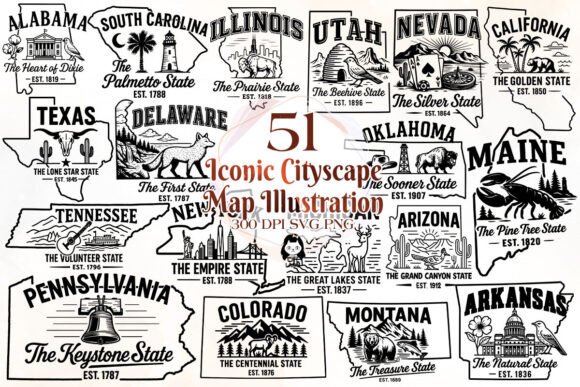 Download Iconic Cityscape Map of US.States SVG - Svg Collection
